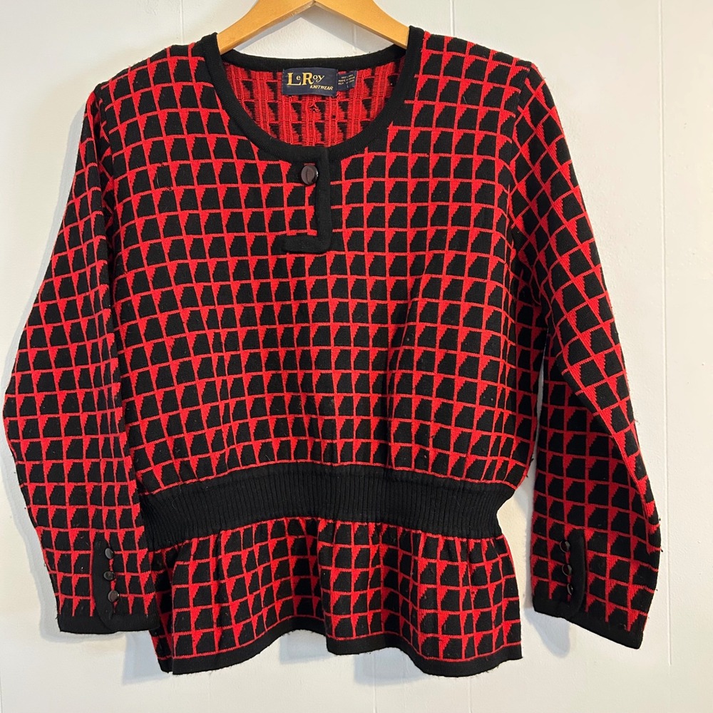 LRoy Knitwear Womens Red Black Geometric Pattern Sweater Pullover Size‎ 80's  L
